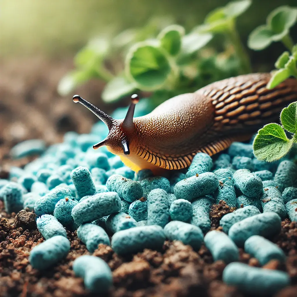 a slug in the middle of blue slug pellets