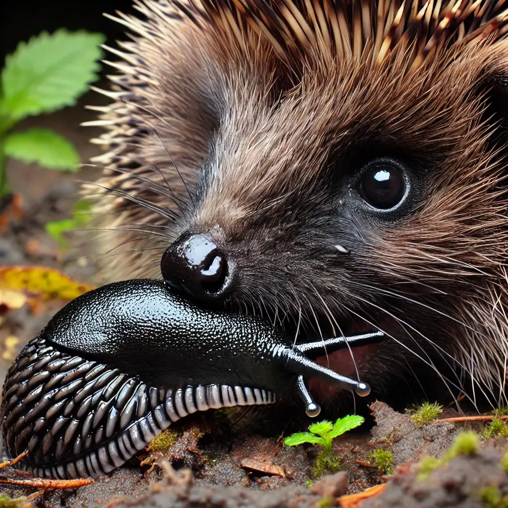 a hedgehog eating a black slug
